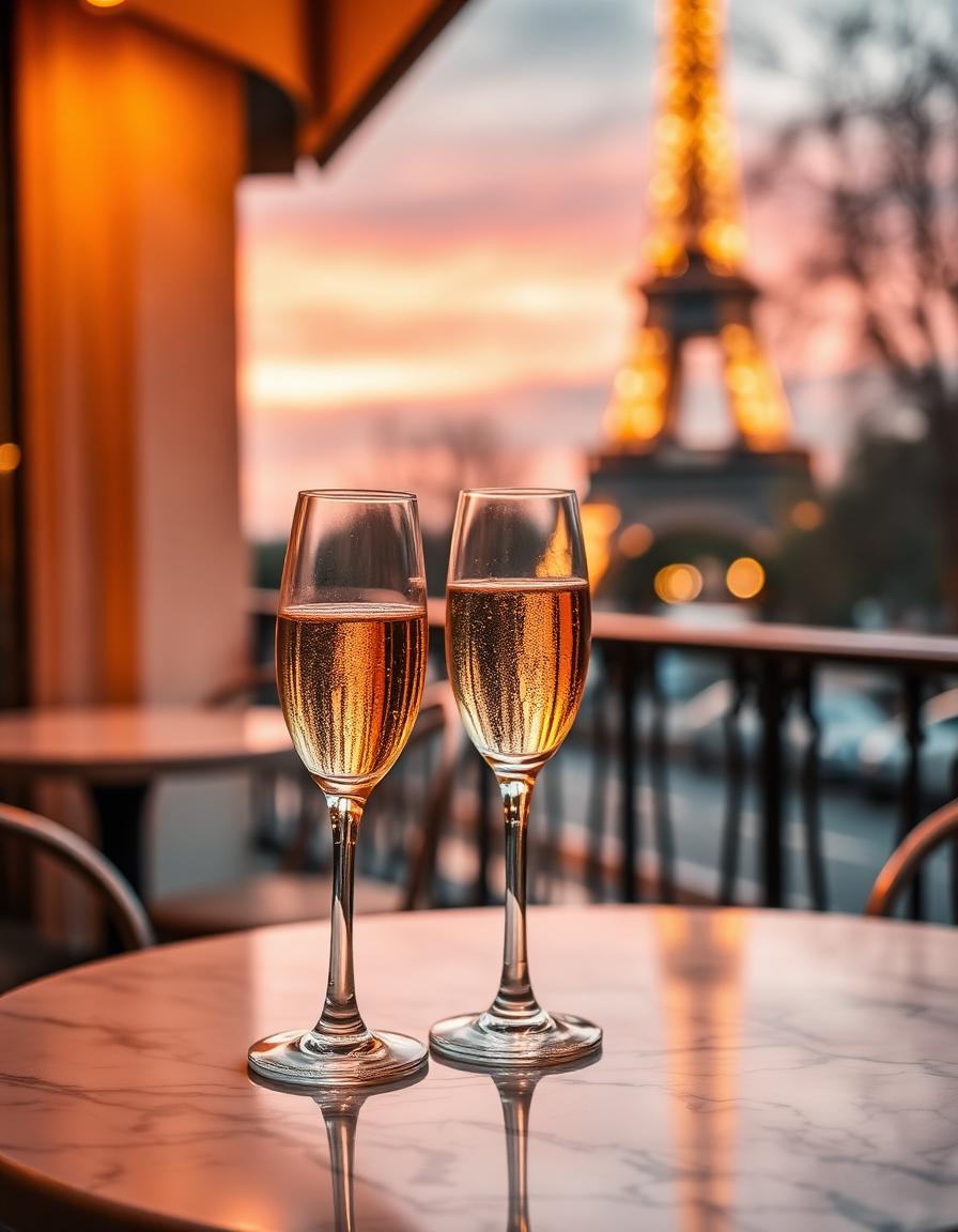 Champagne coupes at a Paris bistro at sunset